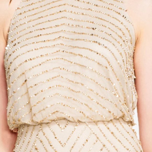 Adrianna Papell - ART DECO BEADED DRESS WITH HALTER NECKLINE IN CHAMPAGNE GOLD - Picture 3 of 7